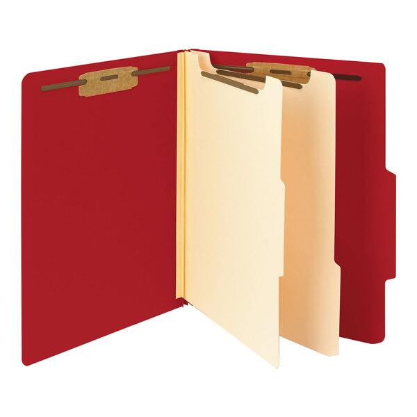 A red Smead classification folder with white paper and brown tabs.