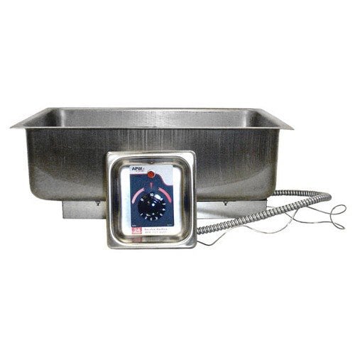 A stainless steel APW Wyott electric hot food well with a dial on a metal counter.