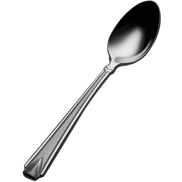 A Bon Chef stainless steel demitasse spoon with a black handle.