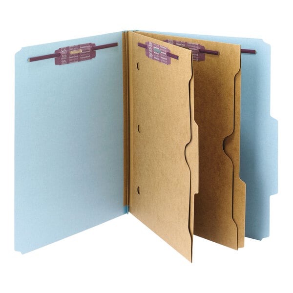 A close-up of a Smead file folder with three open pages.