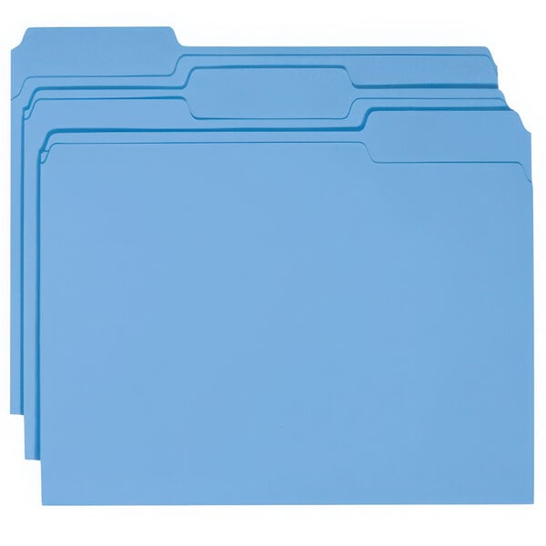 Three blue Smead file folders with assorted tabs.