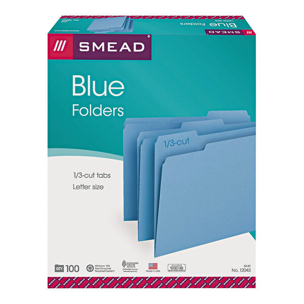 A blue box with several Smead blue file folders.