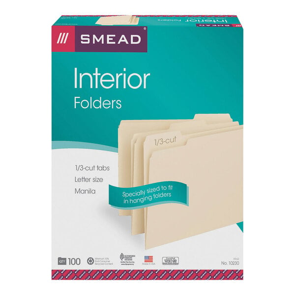 A box of Smead manila file folders with 1/3 cut tabs.