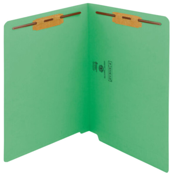 A green Smead Shelf-Master file folder with two brown fasteners.