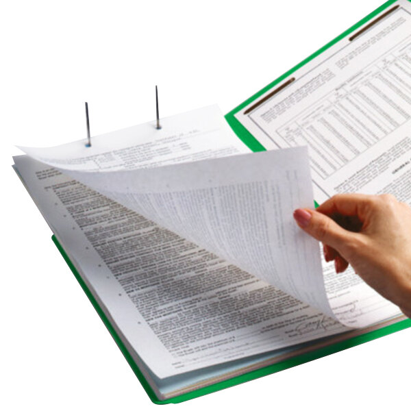 A person holding a green Smead Shelf-Master folder with papers.