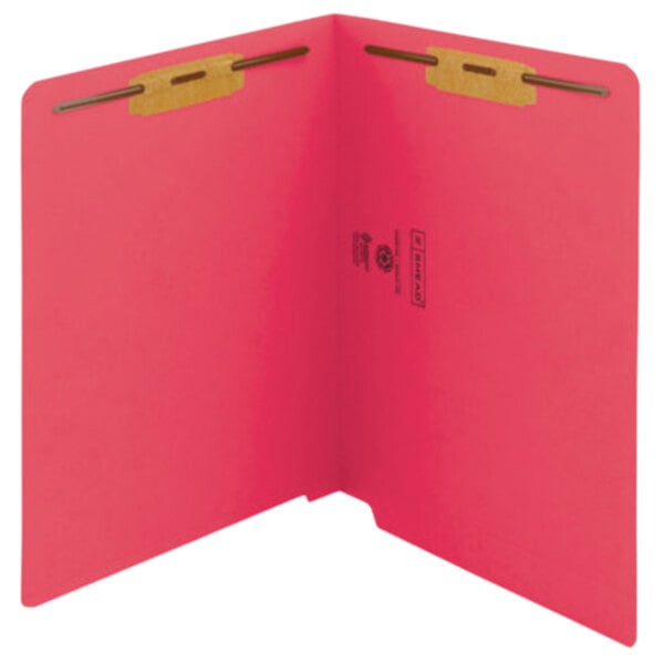 A red Smead file folder with two brown tabs.