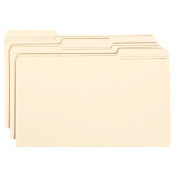 A group of Smead legal size file folders with reinforced 1/3 cut assorted tabs in four colors.