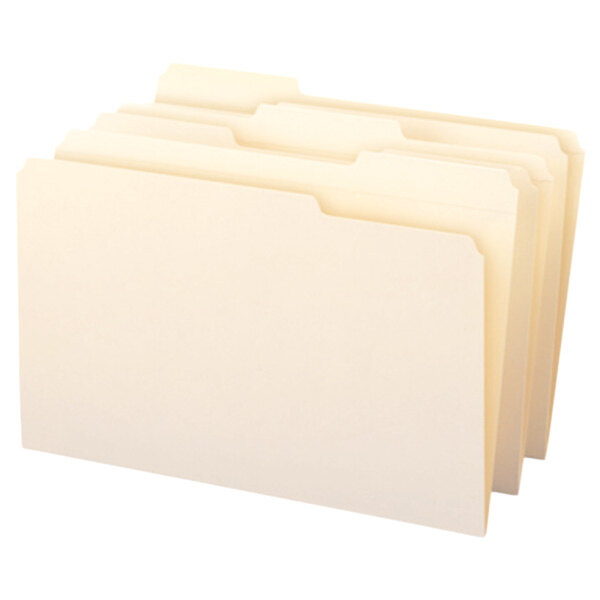 A close-up of several Smead legal size file folders with 1/3 cut tabs.