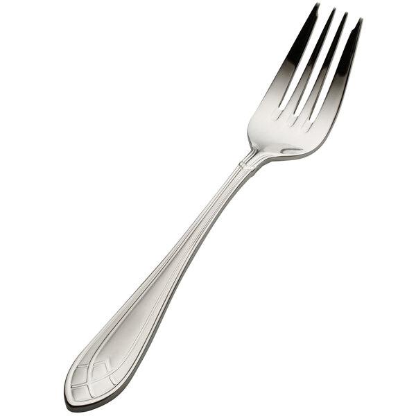 A close-up of a Bon Chef stainless steel salad/dessert fork with a silver handle.