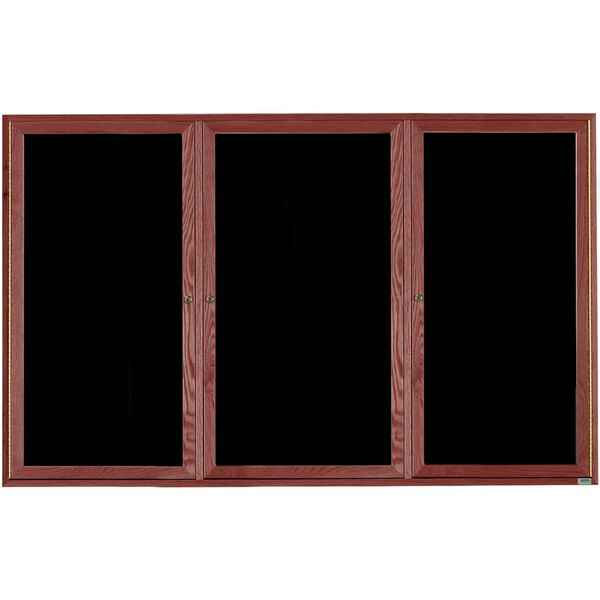 A cherry wood bulletin board with three black felt doors.