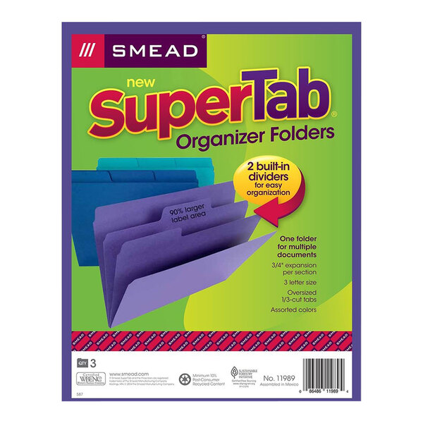 A box of Smead SuperTab file folders in assorted colors with purple tabs.