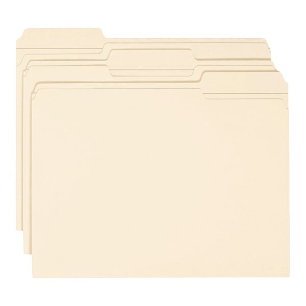 A stack of Smead heavy weight letter size file folders with 1 1/2" expansion and reinforced assorted tabs.