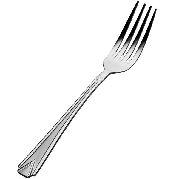 A Bon Chef stainless steel dinner fork with a Gothic design on the handle.