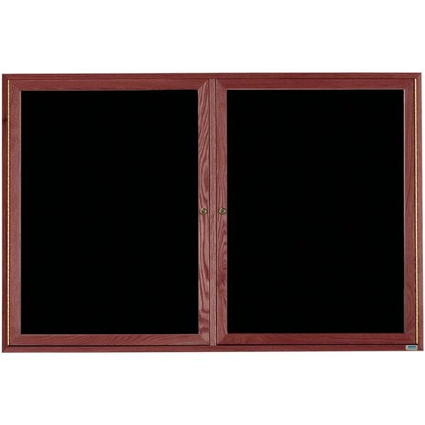 A black board with wooden doors.