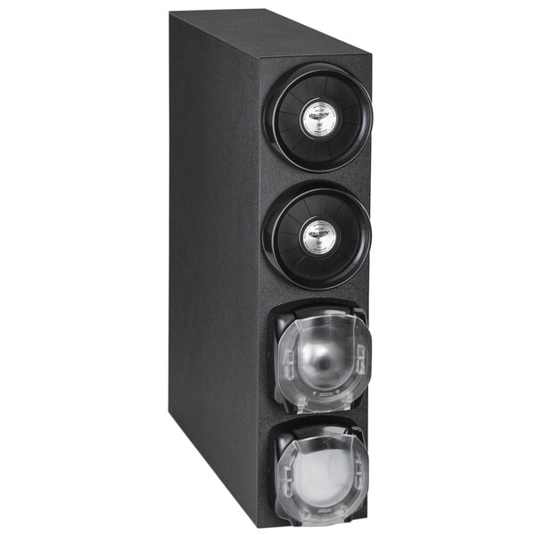 A black rectangular Vollrath countertop cabinet with two round cup dispensers.