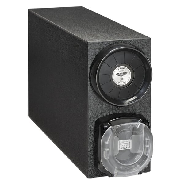 A black rectangular Vollrath countertop cup dispenser with a round lid saver attached over a round cup opening.