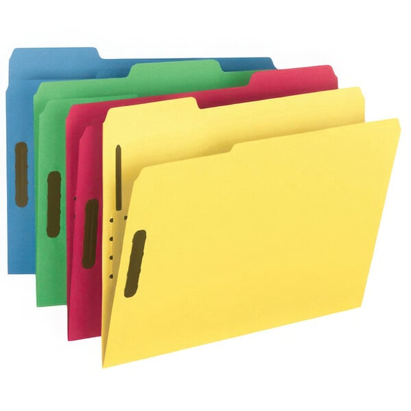 A group of Smead letter size fastener folders in different colors.