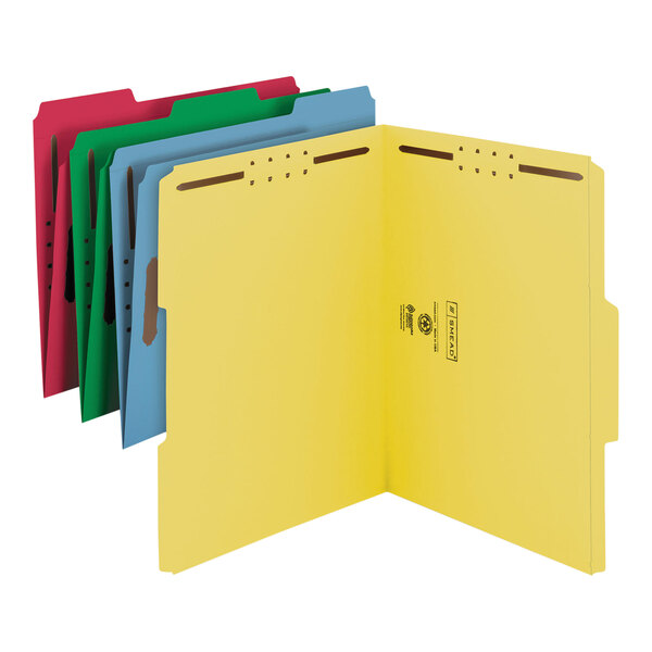 A group of Smead letter size fastener folders with 2 holes in each tabbed folder.