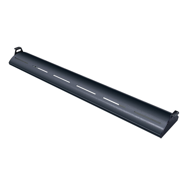 A long black Hatco curved display light with white lines on the sides.