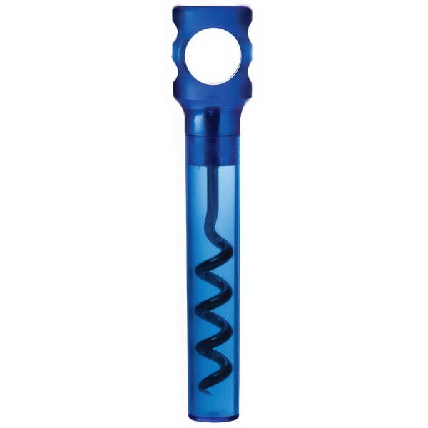 A blue plastic Franmara pocket corkscrew with a curved object inside.