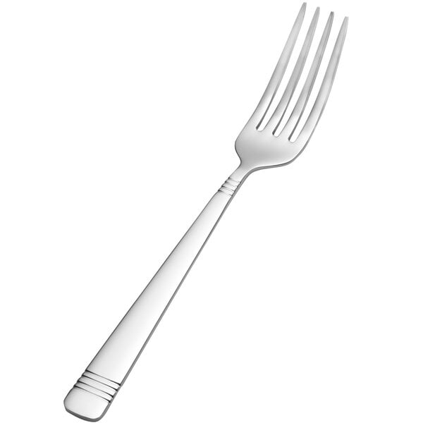 A close-up of a Bon Chef stainless steel dinner fork with a silver handle.