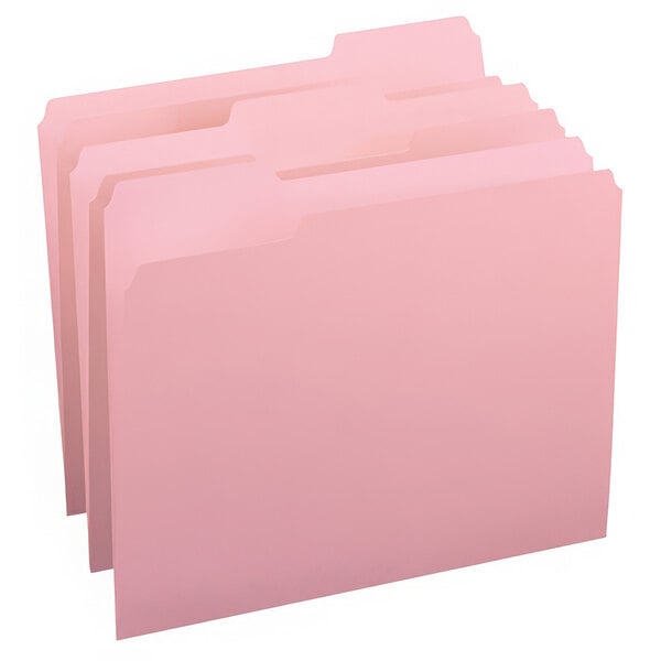 A group of pink Smead file folders stacked on top of each other.