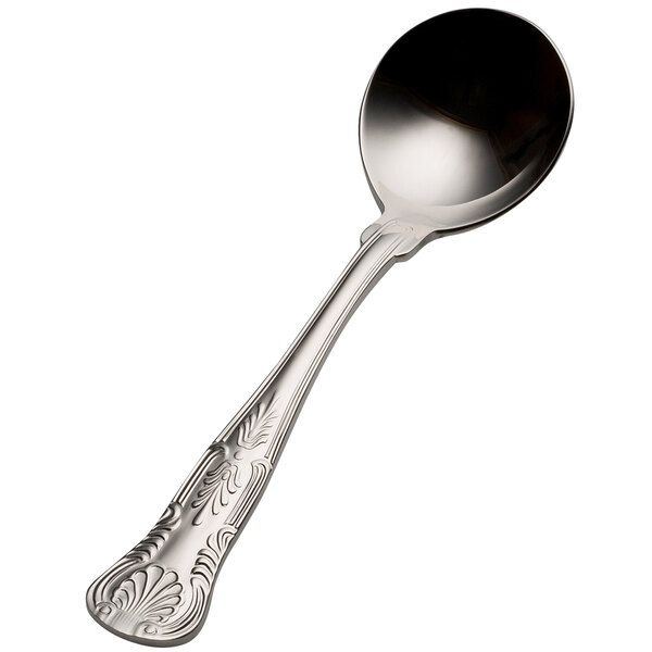 A Bon Chef stainless steel bouillon spoon with a handle.