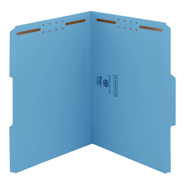 A blue Smead letter size folder with 2 fasteners.