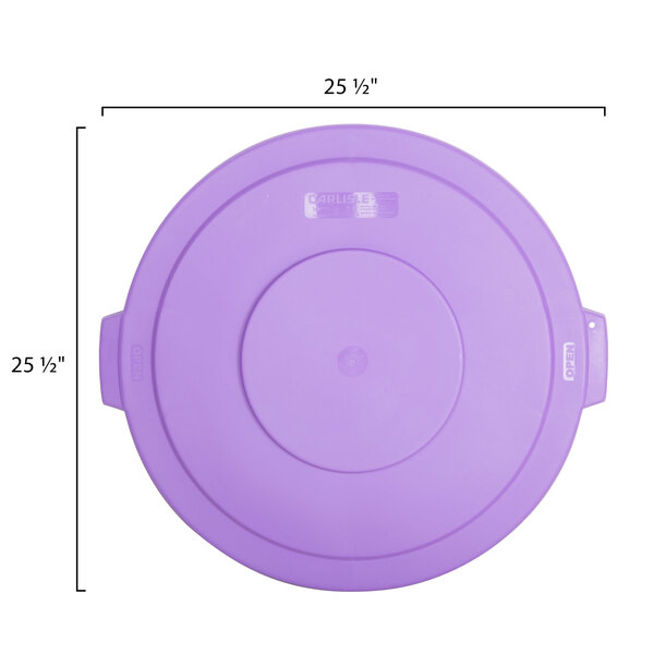 A purple plastic Carlisle Bronco lid for a 32 gallon trash can with a handle and measurements.