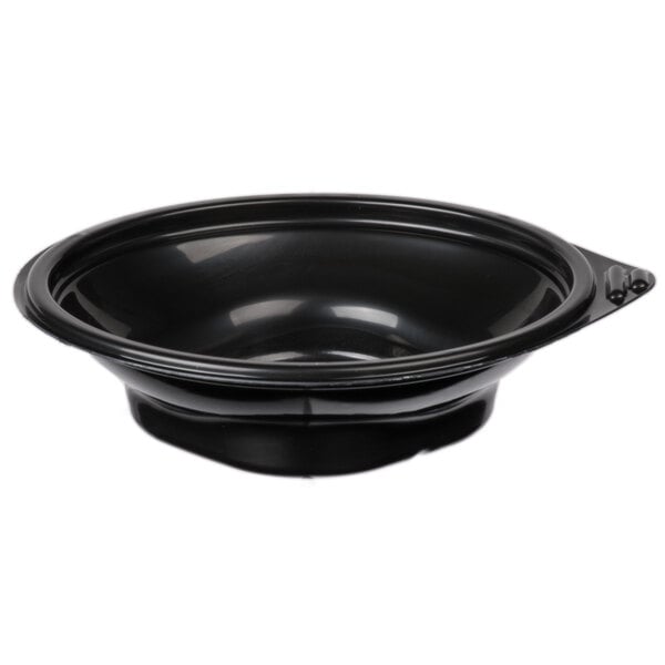 A black Fabri-Kal side dish bowl with a clear plastic lid.