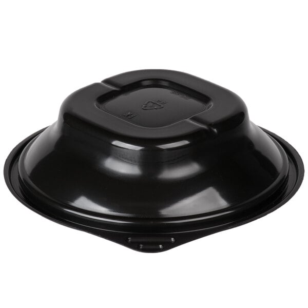 A black plastic bowl with a black plastic lid.