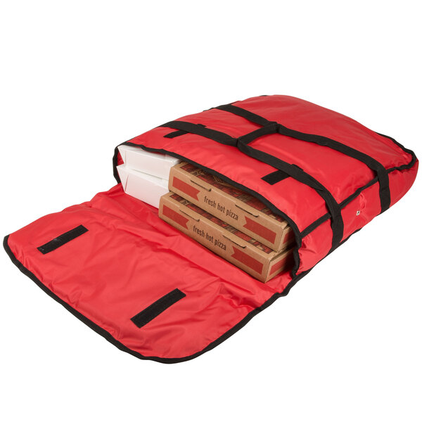 An American Metalcraft red nylon pizza delivery bag holding two pizza boxes.