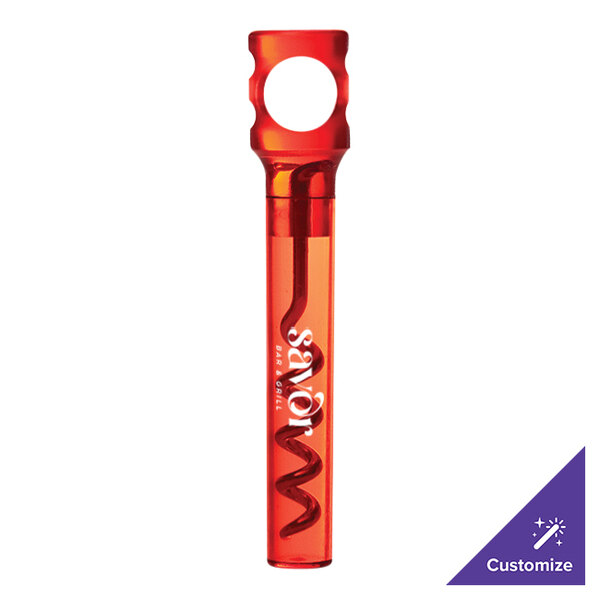 A red and white plastic tube with a spiral inside.