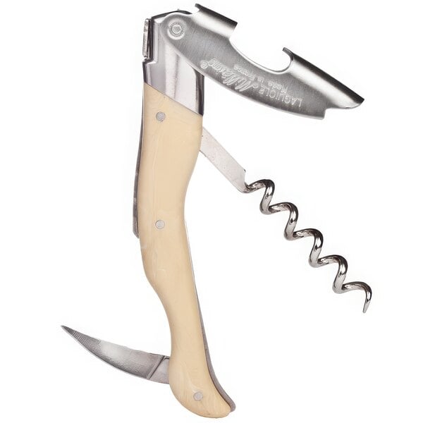 A Laguiole corkscrew with a white ABS handle and silver accents.