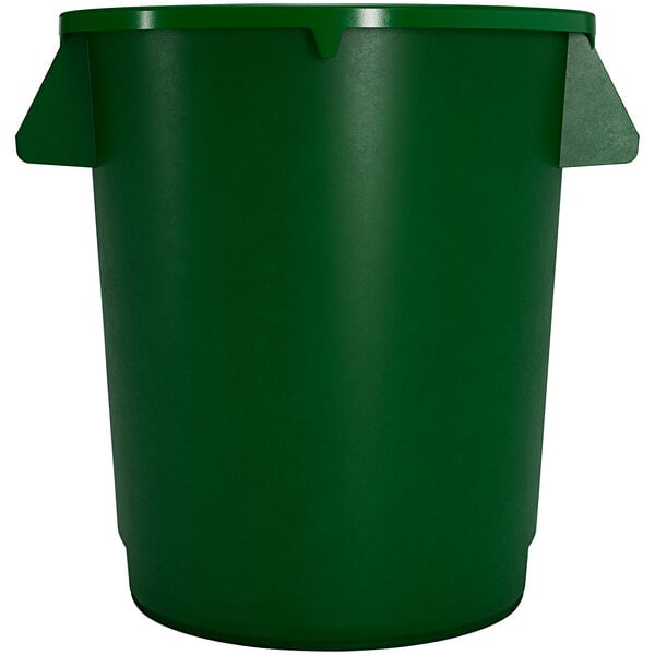 A green plastic Carlisle Bronco commercial trash can with handles.