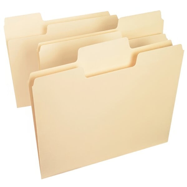 Three Smead file folders with assorted tabs in the middle of a white surface.