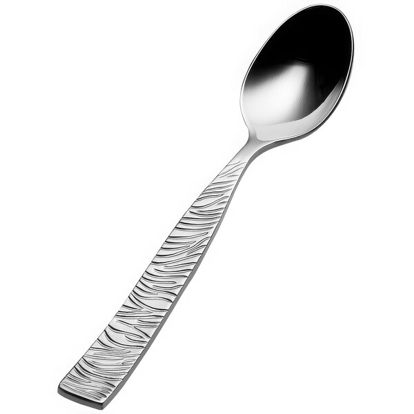 A silver Bon Chef demitasse spoon with a safari design on the handle.