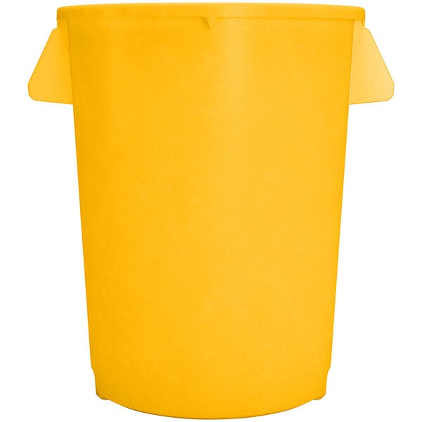 A yellow plastic Carlisle Bronco trash can with a lid.