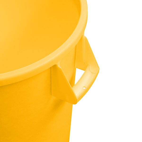 A yellow Carlisle round trash can with a handle.