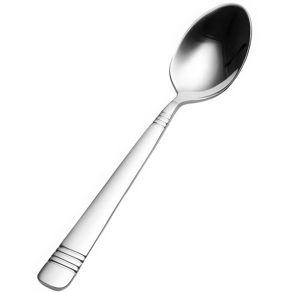 A Bon Chef stainless steel demitasse spoon with a black handle on a white background.