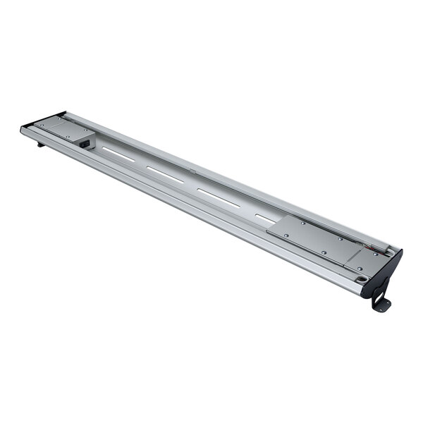 A long metal Hatco curved display light with a white background.