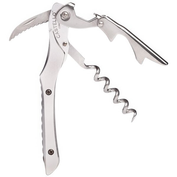 A Franmara Castello waiter's corkscrew with a natural aluminum and black handle and silver knife.