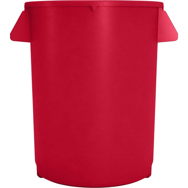 A Carlisle red plastic trash can with a lid.