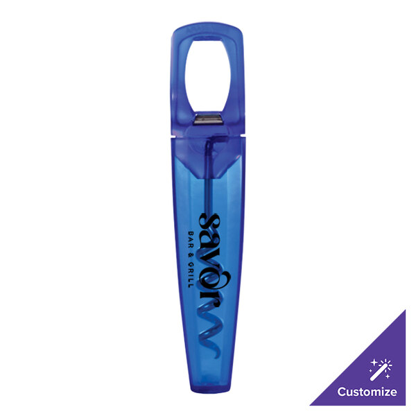A blue plastic Franmara Traveler's cork screw and bottle opener with a spiral handle.