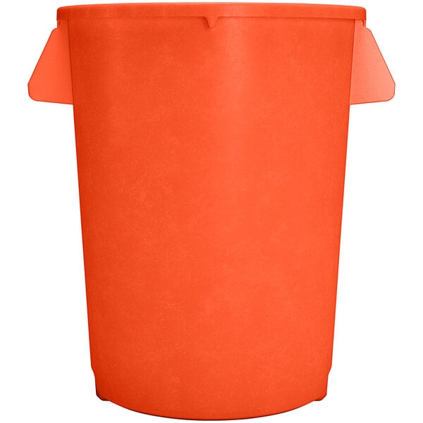 A close up of an orange Carlisle Bronco trash can with a white lid.