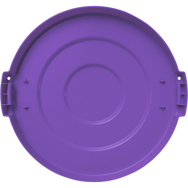 A Carlisle purple plastic lid with a handle on it for a round trash can.