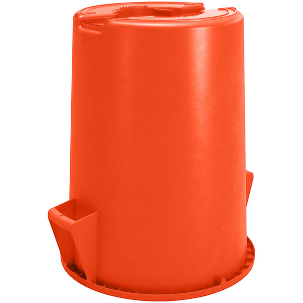 An orange plastic Carlisle Bronco 44 gallon trash can with a lid.