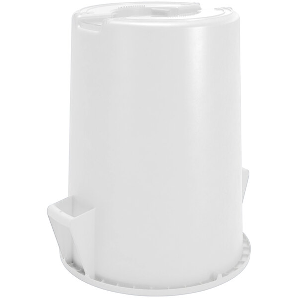 A white Carlisle Bronco commercial trash can with a lid.