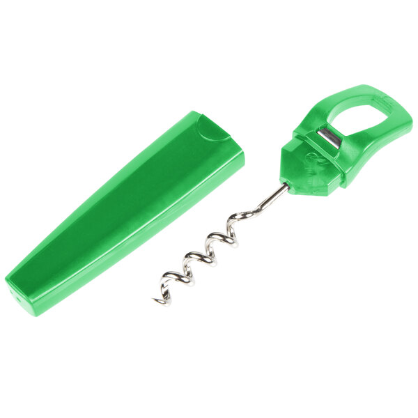 A green Franmara Traveler's Lime plastic corkscrew and bottle opener with a knife.