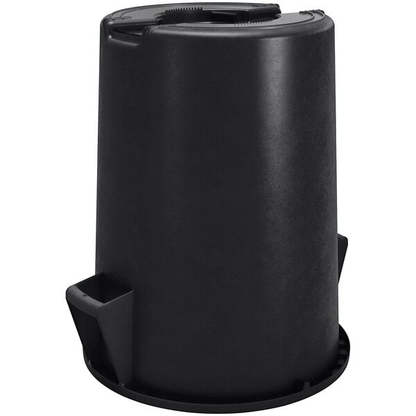 A Carlisle black round trash can with a lid.
